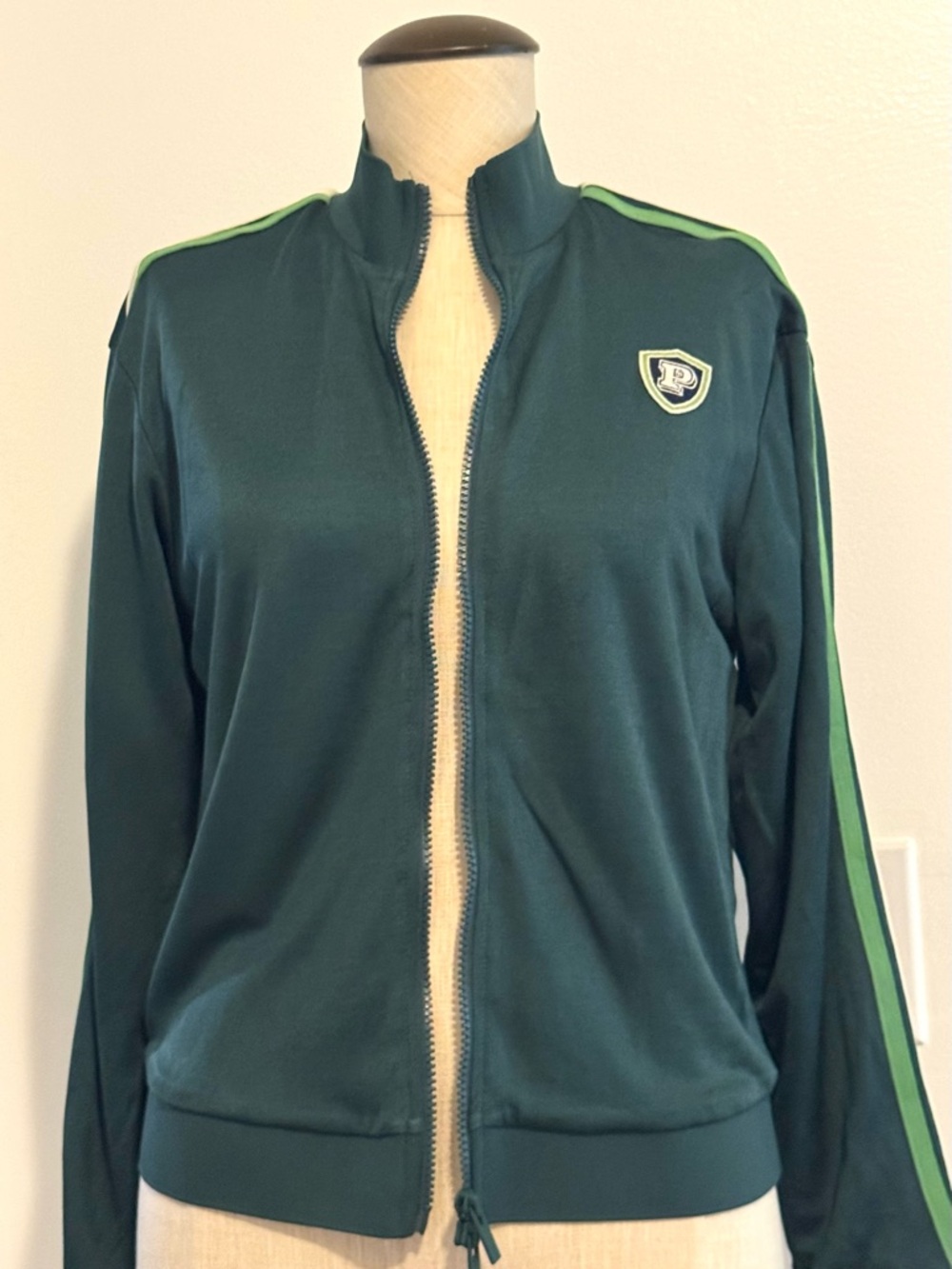 PINK Victoria's Secret Dark Green Track Jacket with Lime Stripes